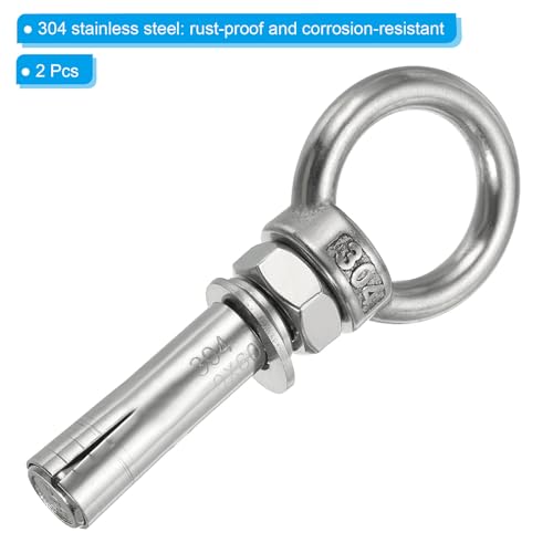 Image of PATIKIL Expansion Eye Bolt M10x60mm, 2 Pack 304 Stainless Steel Shoulder Anchors Eyebolt Screw with Eye Ring for Concrete Brick Walls Canopy Engineering Rigging Silver