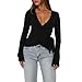 Women Lace Trim Ballet Wrap Tops Going Out Slim Fitted V Neck Workout Yoga Pilates Top Tie Up Long Sleeve Shirts (Black, S)