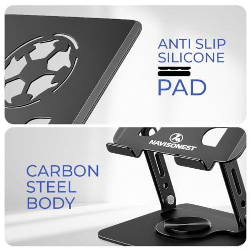 Image of Aluminum Laptop Stand for Desk - 360 Rotating Swivel Base, Height Adjustable Ergonomic Riser - Foldable & Portable Notebook Holder Compatible with MacBook, HP, Dell, Lenovo