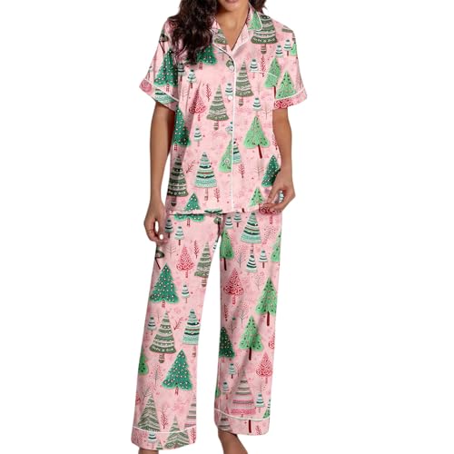 Conjunto de pijama cómodo para mujer, estampado de manga corta con botones, pantalones de satén suave para dormir y descansar, rosa, S