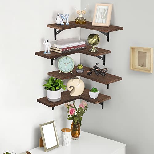 Ybing Corner Floating Shelves Wall Mounted Set Of 4 Wood Corner Wall Shelf Rustic Brown Corner Wall Storage Shelves For Wall Decor Display Shelf For Bedroom Living Room Bathroom Home Office Kitchen #TOP1