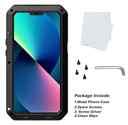Iphone 13 Mini Metal Case, Lustam Heavy Duty Rugged Shockproof Military Aluminum Case With Built In Screen Protector, 360 Full Body Protective Rubber Bumper Cover For Iphone 13 Mini 5.4 Inch, Black #TOP7