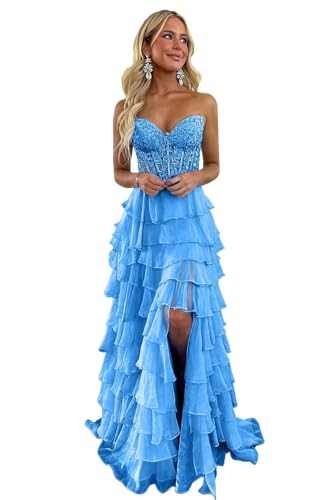 Chiffon Prom Dress for Women Lace Applique Tiered A-Line Formal Evening Gowns with Slit BOF176
