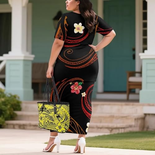 Image of Puletasi Samoan Traditional 2 Piece Outfits for Women Short Sleeve Crop Top and Maxi Skirt Sets Puletasi Dress