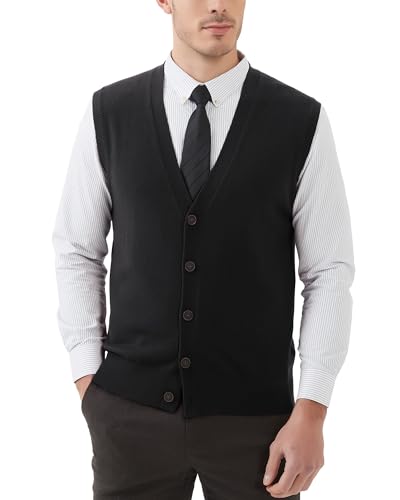 Kallspin Cardigan Homme Mélangé de Laine sans Manches et Col en V Profond Tricoté avec des Boutons (Noir, M)