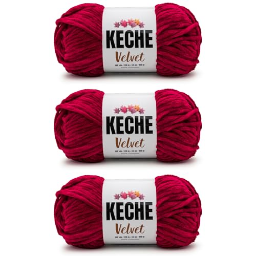 Image of Keche Velvet Yarn for Crocheting, Soft Chenille Bulky Baby Blanket Amigurumi Yarn 100 gr (132 yds) 3 Skeins - Burgundy