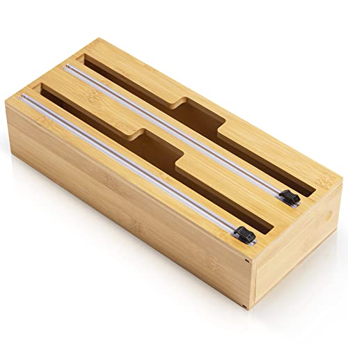 Kunststoff-Wickelspender mit Gleitschneider, Aluminiumfolienspender, Küchen-Frischhalterollenhalter, 33.7x14.3x7.6 cm, Bambus, braun, Organizer für Wachspapier, Küchenschublade,Haushaltsgeräte Cover