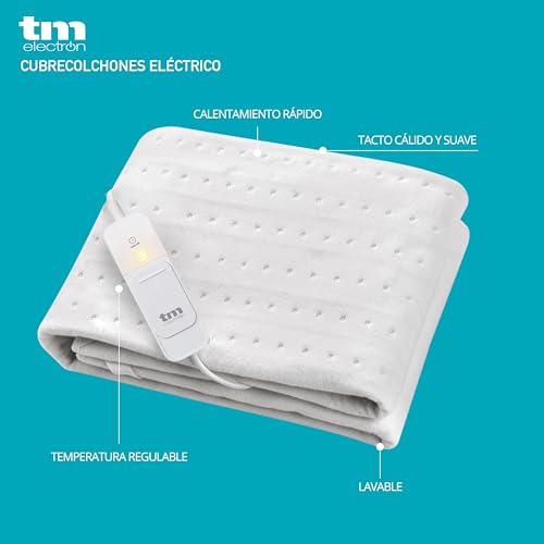 Miniatura 2 de Tm Electron Cubre Colchones Calientacamas Eléctrico Para Cama Individual 60w Con 3 Niveles De Temperatura Y Apagado Automático. Tamaño 150x80cm, Color Blanco