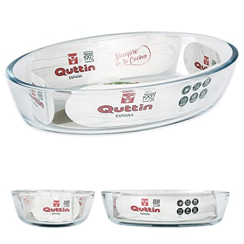 Quttin - Fuente de Vidrio para Cocina, Borosilicato Cristal, Ovalada, Microondas Horno Congelador y Lavavajillas, 20.6 x 13.6 x 4.8 cm - 700 cc