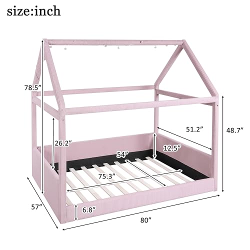Image of Full Size Cute Corduroy Fabric Upholstered House Daybed with LED Light Strips and Vertical Striped Design, Low Solid Wood Platform Bed with Roof Frame for Kids Teens Girls Boys Bedroom (Pink-01)