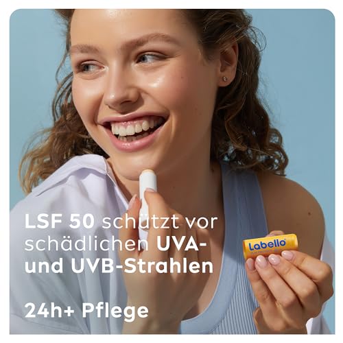 Labello Sun Protect LSF 50, wasserfeste Lippenpflege mit hohem Sonnenschutz, mineralölfreie Lippenpflege mit Sheabutter, Vitaminen & natürlichen Ölen (4,8 g)