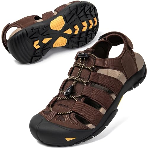 KOIMED Men's Athletic Sandals - Closed Toe Sport Hiking & Outdoor Walking Water Sandals with Anti-Slip Cushioning and Breathable Mesh Coffee Brown