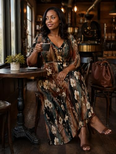 Image of Women's V Neck Floral Maxi Dress 3 /4 Sleeve Plus Size Boho Wrap Flowy Long Dresses with Belt