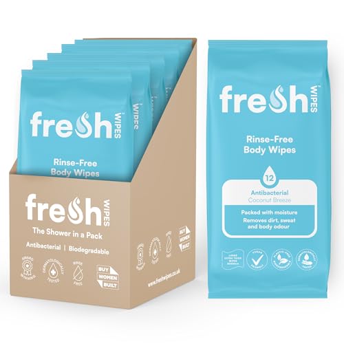 FreshWipes Antibacterial Body Wet Wipes For Adults 5 Pack (60 Wipes) - Coconut Breeze - Extra Large Biodegradable - Dermatologically Tested & Suitable for the Elderly or Disabled - Great for Camping