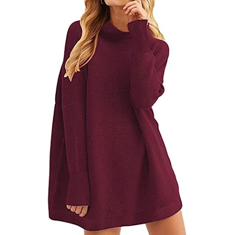Hormtaer Women's Jumpers Causal Turtleneck Batwing Sweater Long Sleeve Tops Knit Pullover Sweatshirt Oversize Dress (Wine, L) Cover