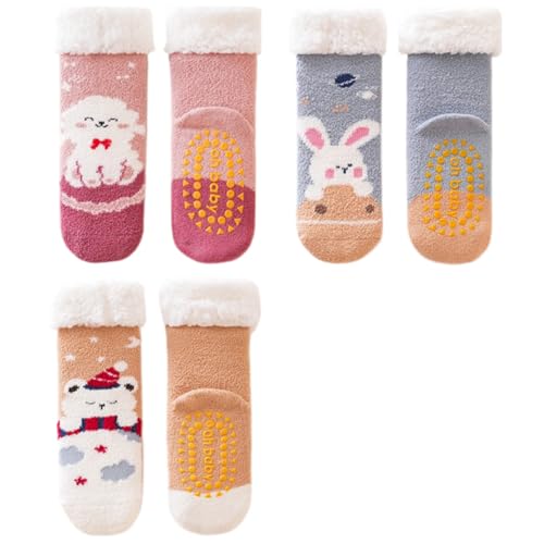 3 Pairs Warm Plush Baby Socks with Grips for Winter, 0-4 Year Cartoon Bear Bunny Thick Fleece Floor Socks Girls Boys2