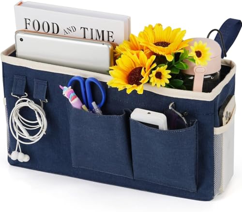 Image of Loghot Bedside Caddy/Bedside Storage Bag Hanging Organizer for Bunk and Hospital Beds,Dorm Rooms Bed Rails,Can be Placed Glasses,Books,Mobile Phones,Keys (Navy Blue)