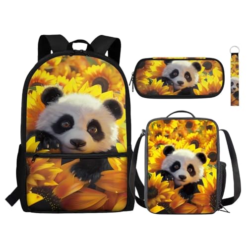 Set zaino per bambini con portapranzo portapenne portachiavi 4 in 1 regalo per ragazze ragazzi adolescenti Girasole Panda Taglia unica Zaini Daypack