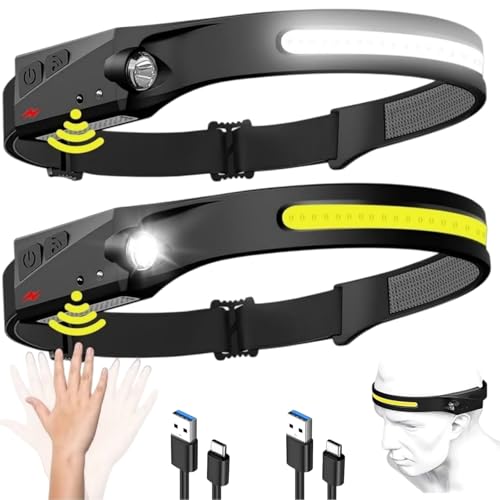Adventure Light 2.0 - Das Original COB-Chip LED 230Weitwinkel Stirnlampe Wiederaufladbar USB-Typ-C Schnellladung Doppel-Schalter Handwisch-Sensor Kopfband Stoßfest Wasserdicht flexibel (2 Stück)