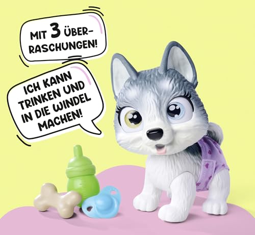 Simba 105950135 Pamper Petz Husky (ca. 15 cm) - Spielzeug-Hund mit Trink- und Nässfunktion für Kinder ab 3 Jahre - interaktives Tier-Baby mit Spiel-Zubehör und magischer Pfote