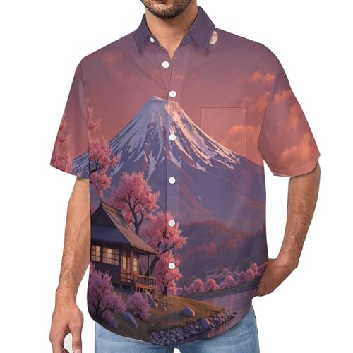 Chemise homme manches courtes à motif montagne imprimé paysage japonais col revers