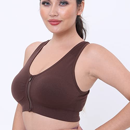 Akamc Women's Zip Front Sports Bra Criss-Cross Back Strappy Wireless Post-Surgery Bra Active Yoga Bras B109,X-Large #TOP2