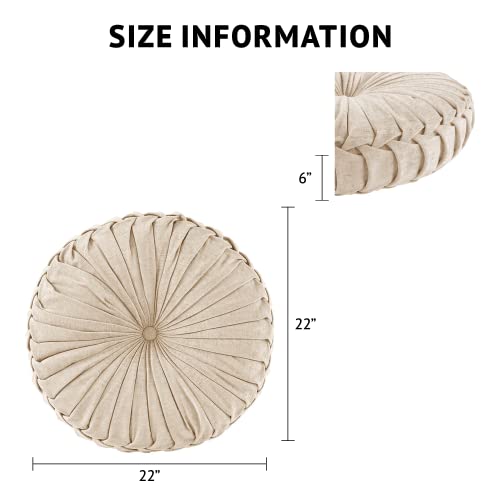 Intelligent Design Loretta Chenille Round Floor Pillow Meditation Cushion, Soft Color & Natural Luster Button Tufted With Elegant Pleated Details, Dia 22"X6"H, Ivory #TOP5