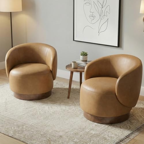 Image of KISLOT Swivel Accent Chair Modern Round Barrel Armchair with Upholstered Faux Leather for Living Room Bedroom Waitingroom,1 Box,Brown