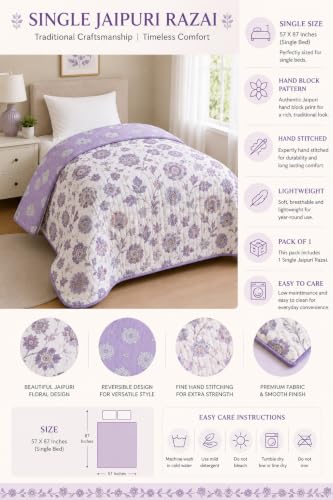 Image of RRC Jaipuri AC Quilt Single Bed | Cotton Floral Print Razai | White & Green Lightweight Comforter | Soft 200 GSM Summer Rajai | Pack of 1