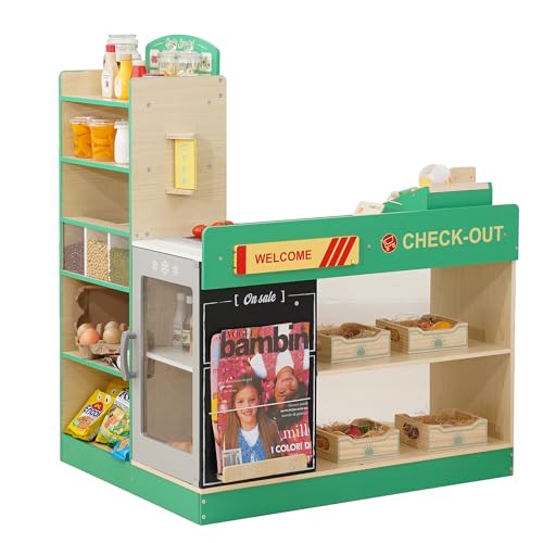 Wooden Grocery Store Playset for Kids Pretend Play Market with Checkout Counter Manual Conveyor Belt Pretend Scanner and Multiple Display Shelves Interactive Toy Grocery for Boys & Girls Ages 3+