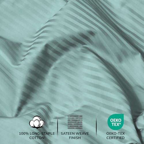 Image of Feather & Stitch 500 TC Split King Size Damask Bed Sheet Set, 100% Cotton Soft Breathable Bedsheets, 5 Piece 18 inch Deep Pockets Sateen Weave Striped Bedding - (Granite Green Stripe)
