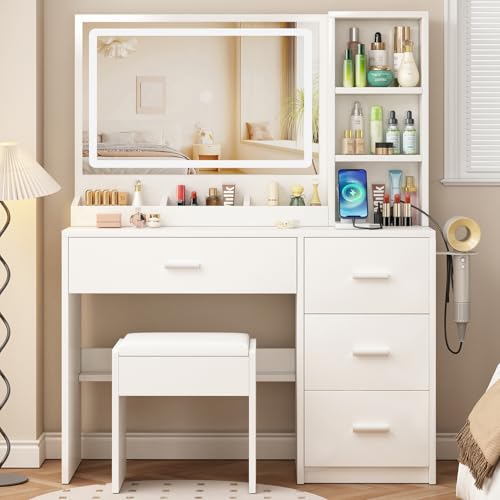 OTOQS Vanity Desk with Mirror and Lights, 4 Drawers & Benches Vanity Desk Set, 3 Color Lighting...