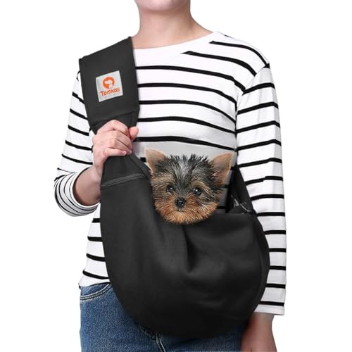 Tomkas Small Dog Cat Sling Carrier Puppy Purse Travel Wrap Soft Crossbody Pet Bag (Black, M - Zip Pocket & Adjust Strap) by TOMKAS - Used condition - US$34.10