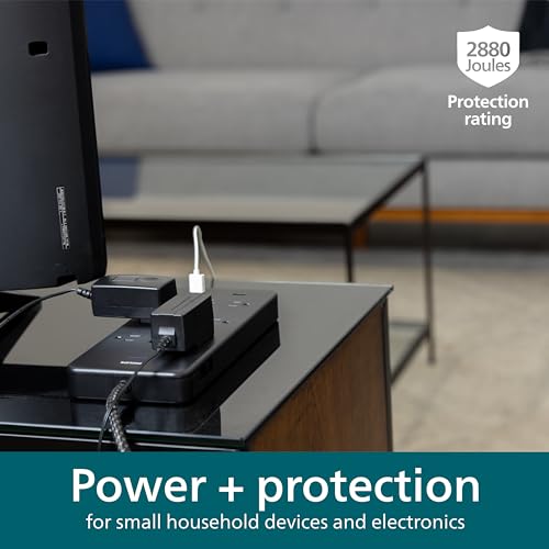 Image of Philips Surge Protector Power Strip, 6 Ft Braided Extension Cord, 2880 Joules, 10 Outlet Extender (Wide Spaced), 2 USB-A, Flat Plug, Home Office Dorm Essentials, ETL Listed, Black, SPP3403B /37