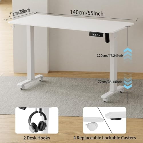 TIQLAB Electric Standing Desk, Adjustable Height Stand up Desk, 55 * 28 Inches Sit Stand Home Office Table with Splice Board, White