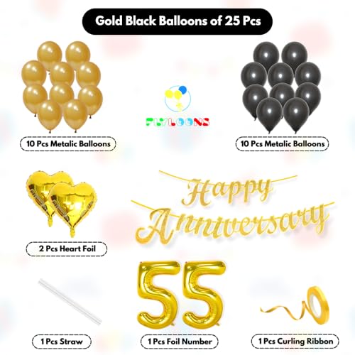 Image of Flyloons 55th Happy Anniversary Decoration Items Gold Black for Men Women Husband Wife Mom Dad Parent Couple Bedroom Car With 20 Pcs Metallic Balloons Anniversary Banner 2 Pcs Heart Set Kit Golden
