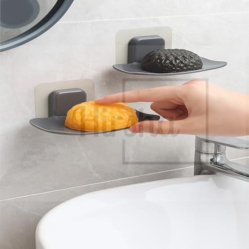 Image of Self Adhesive Soap Holder for Bathroom Wall | Plastic Soap Stand with Drain Tray | Wall Mounted Soap Dish | No Drilling Bathroom Soap Holder (Oval Gray 04)