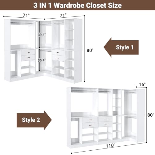 Armocity Freestanding Closet System with 3 Sets, 110'' Reversible Stand-alone Wardrobe, 80'' Height Cloth Garment Organizer, Walk-in Closet with Hanging Rod, 71"L x 71"W x 80"H, Load 2500 LBS, White