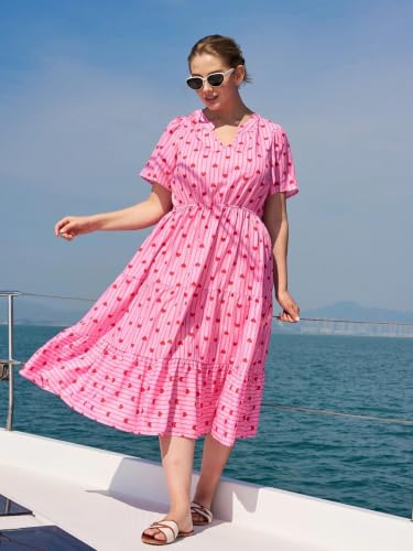 Image of TIYOMI Women Plus Size Dress Boho V Neck Short Sleeve Beach Maxi Dresses Floral /Stripe /Leaves /Lemon XL-5XL