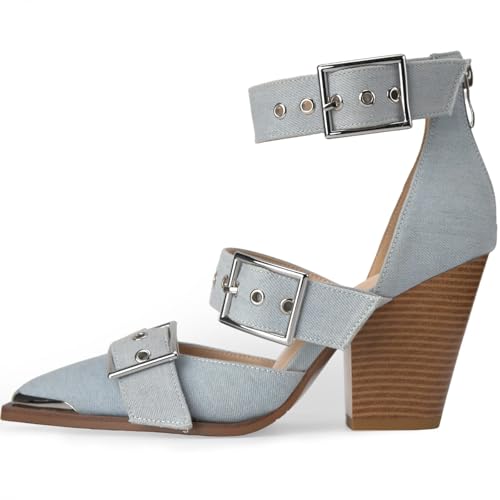 Women's Pointed Toe Pumps Chunky Wedge Heels Ankle Strap Western Sandals Metal Buckle Comfortable Fashion Casual Dress Shoes2