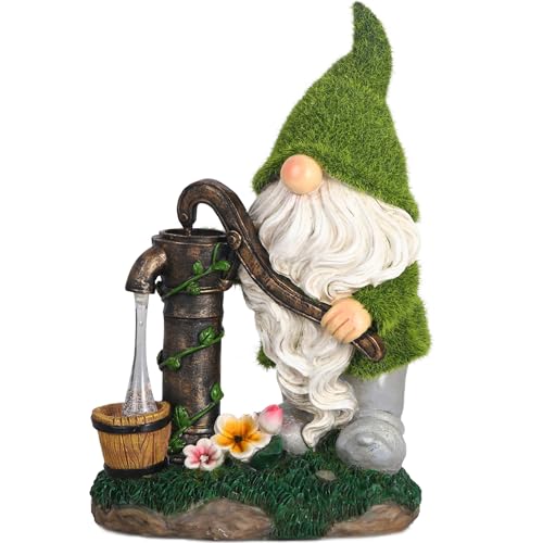 TERESA'S Collections Resin Garden Gnomes Decor with Solar Lights, Light Green Outdoor Decorations for Porch Patio, Gifts for Women and Men，Outdoor Garden Decor Ornaments for Outside, 9'