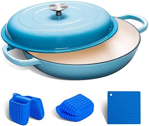 MICHELANGELO 3.5 Quart Enameled Cast Iron Braiser Pan with Lid, Cast Iron Casserole with Lid, Covered Casserole Cast Iron Enameled Cookware with Silicone Accessories, Oven Safe Braiser-Sky Blue