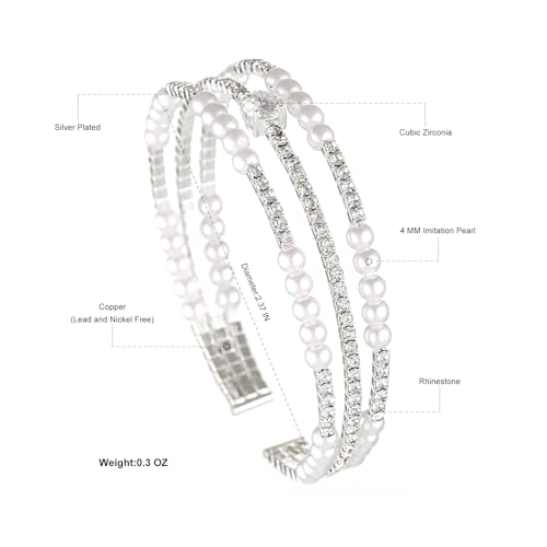 Sparkly Crystal Rhinestone 4 MM Faux Pearl Cubic Zirconia Adjustable Cuff Bracelet Bangle for Women Costume Jewelry2