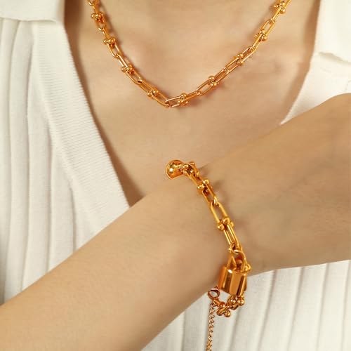 Chunky Gold Paperclip Bracelet for Women Lock Ball Pendant Charm Bracelet Adjustable4
