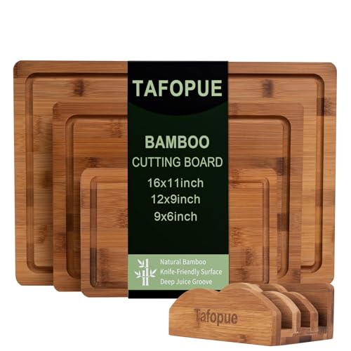 Tafopue Cutting Board Set with Holder, Space Saving Kitchen Bamboo Chopping Boards, Build in Juice Groove and Grip Handle, Durable Wooden Serving Board for Meal Prep & Charcuterie, Gift Idea by Tafopue - Used condition - US$19.79