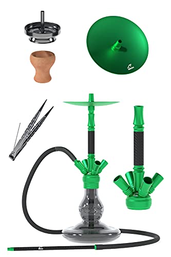 Smokezilla® IRYS Shiny Shisha - Cachimba con revestimiento de carbono extraíble - Narguile completo: base de cristal columna humo plato cabezal chimenea colador manguera alicates (Negro/Verde) Cover