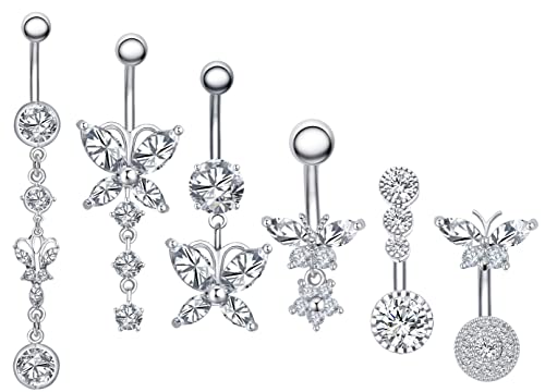 6PCS 14G 316L Acero quirúrgico CZ piercing ombligo con colgante Cubic Zirconia Body Piercing Jewelry para mujeres niñas