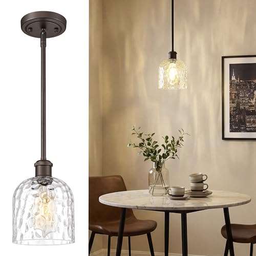 Image of zeyu 1-Light Island Pendant Light for Kitchen, Single Pendant Light Kitchen Island, Adjustable Hanging Lamp with Clear Hammered Glass, Oil Rubbed Bronze Finish, ZJF63MIL-L ORB