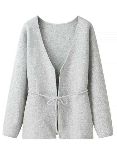 Women's Classic Coat Open Front Bowed Belted Oversized Long Jacket Cardigan Coatigan with Tie Belt Grey Small