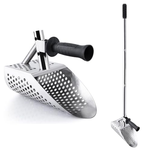 Metal Detecting Sand Scoop, 2 in 1 Heavy Duty Metal Detecting Shovel with Removable Long Handle Stainless Steel Rustproof Beach Shovel Handheld Sand Scoop for Beach Underwater Treasure Hunting